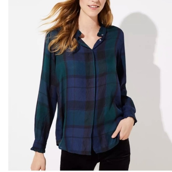 Loft Plaid Ruffle Collar Top - Picture 1 of 6
